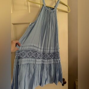 Mustard Seed Light Blue Crochet-Detail halter mini dress